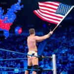 Wrestler waving American flag.
